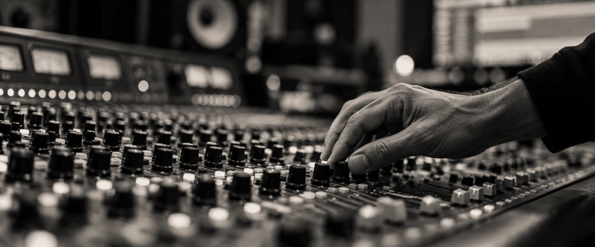 Mani al mixer in uno studio di produzione musicale