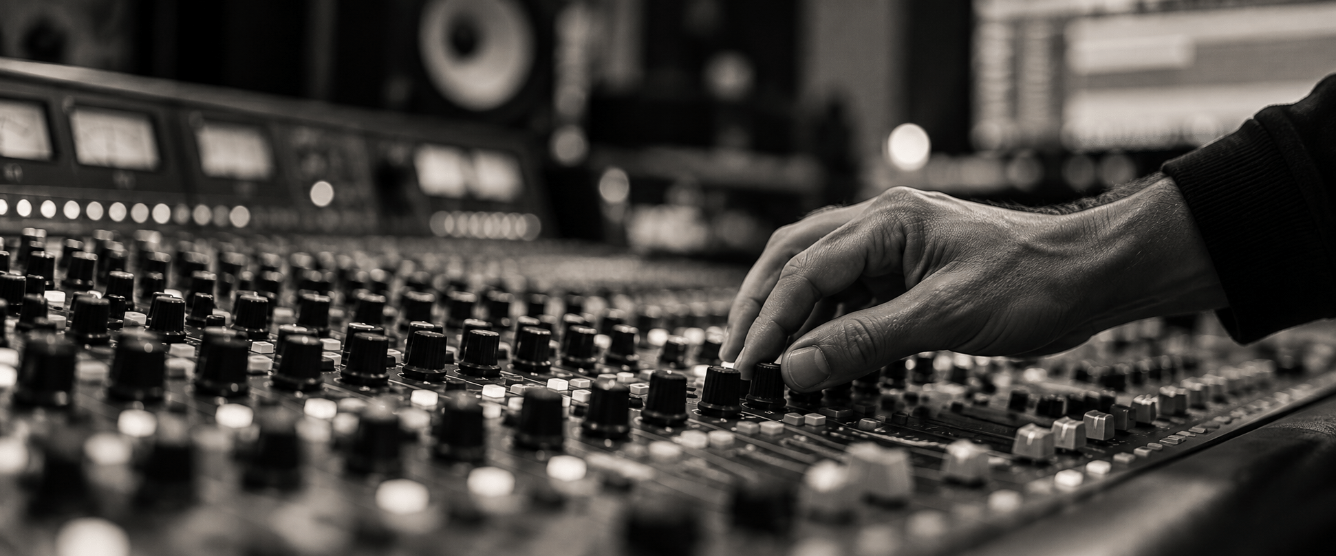 Mani al mixer in uno studio di produzione musicale